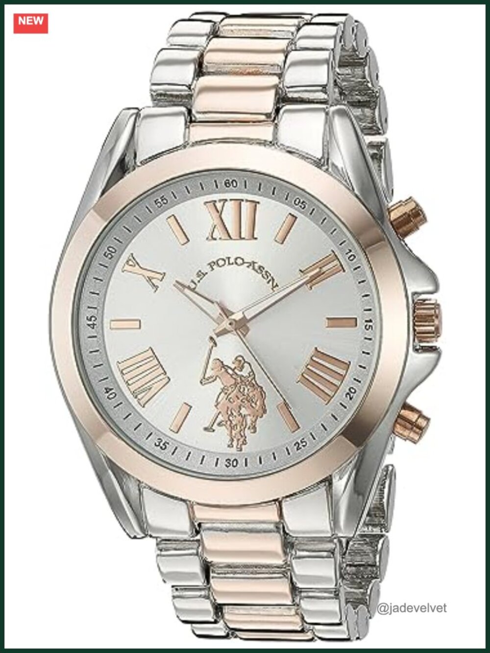 Two-Tone Analog Watch with Silver Dial, 41mm Metal Case, Alloy Link Bracelet,